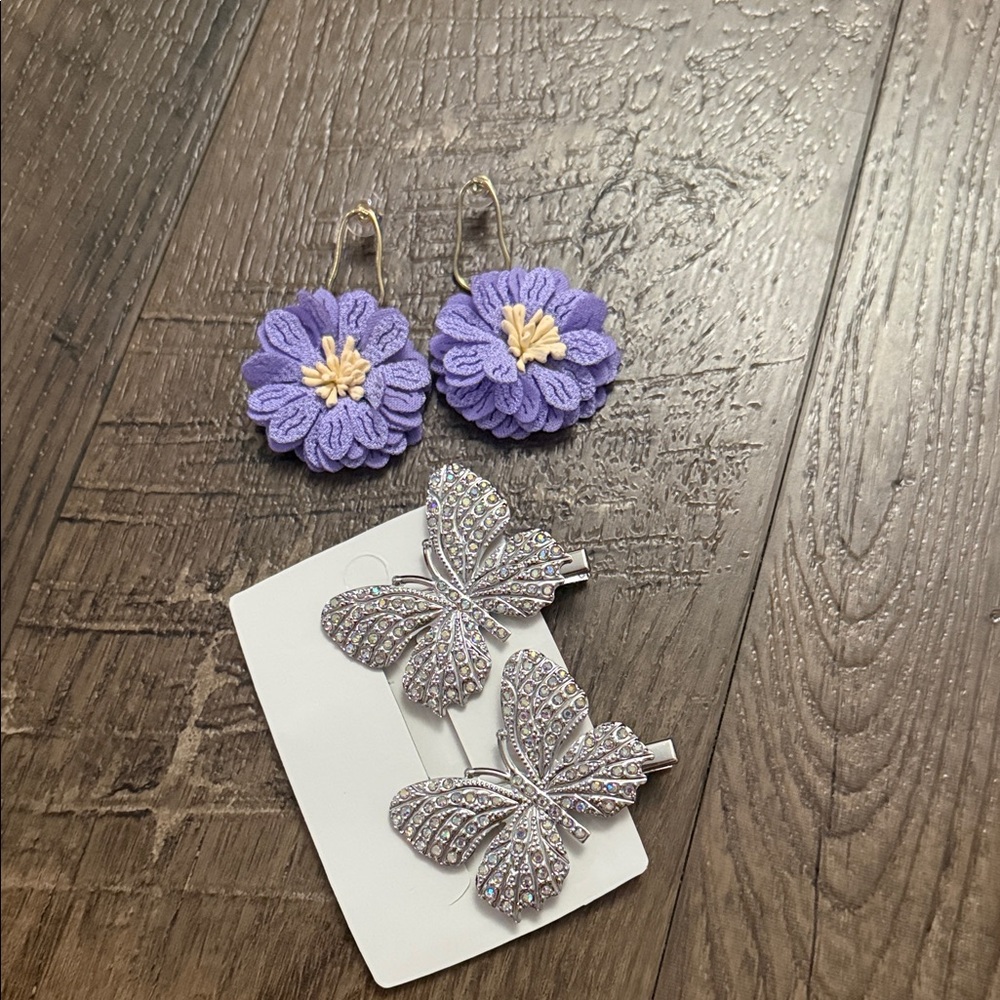 Purple Flower Drop Earrings and Silver Butterfly Hair Clips Set